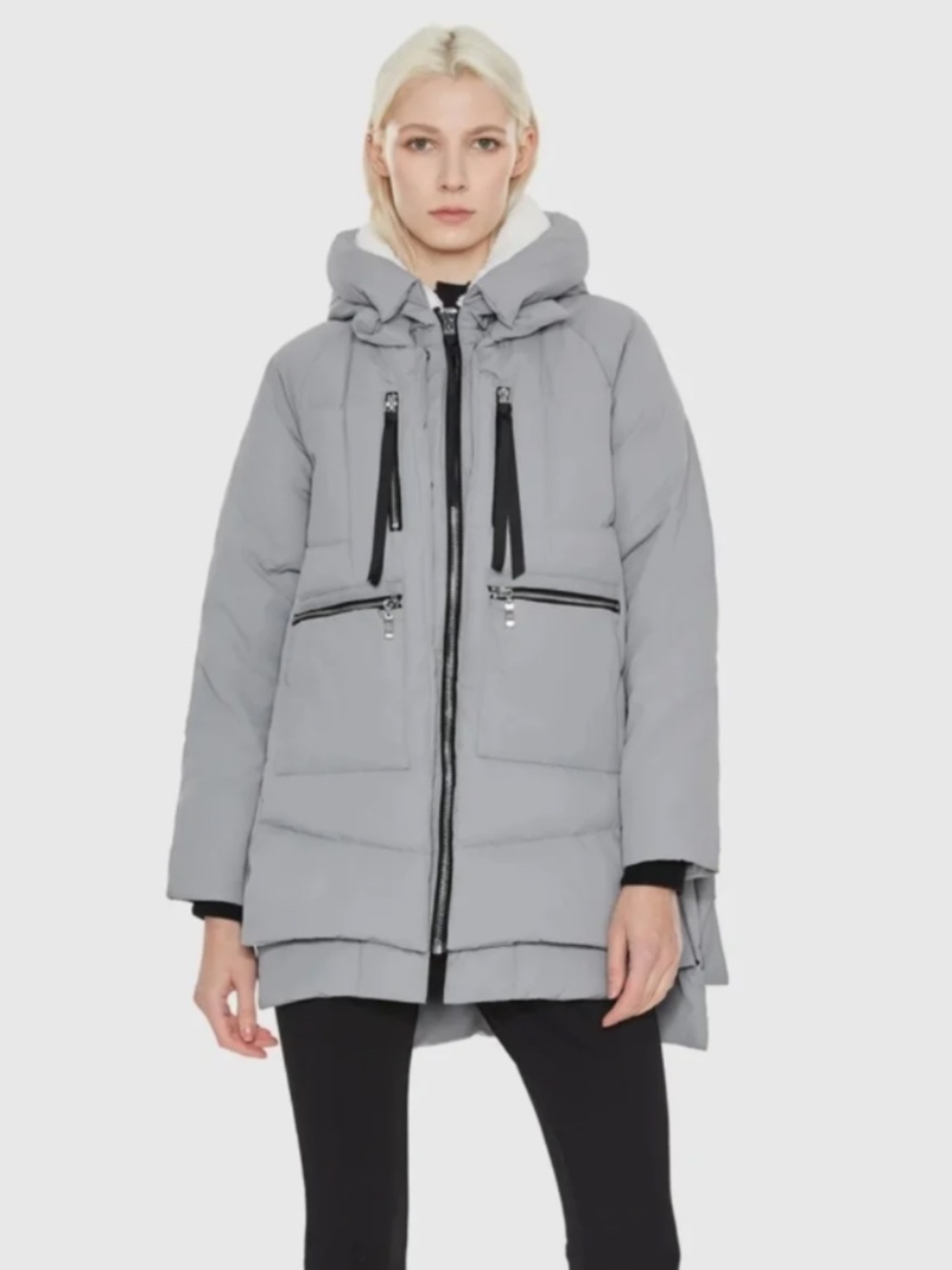 Orolay Thickened Down Puffer Jacket Gray Sherpa Hood Multi Zipper Coat